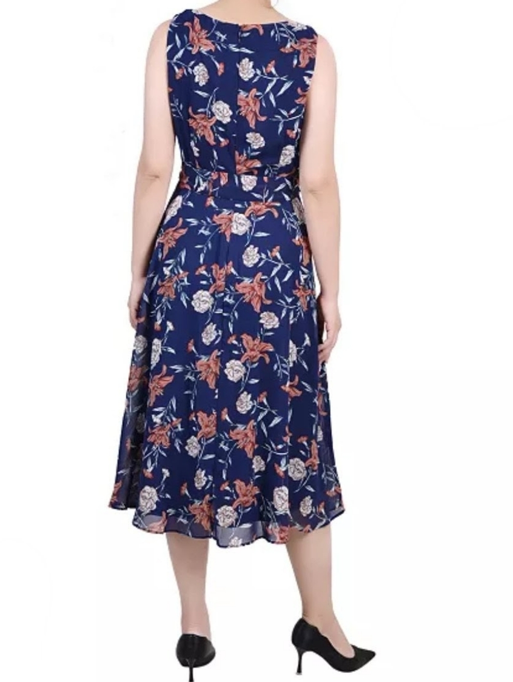NWT NY Collection Women's Navy Floral Tie-Waist Midi Dress - Picture 2 of 8